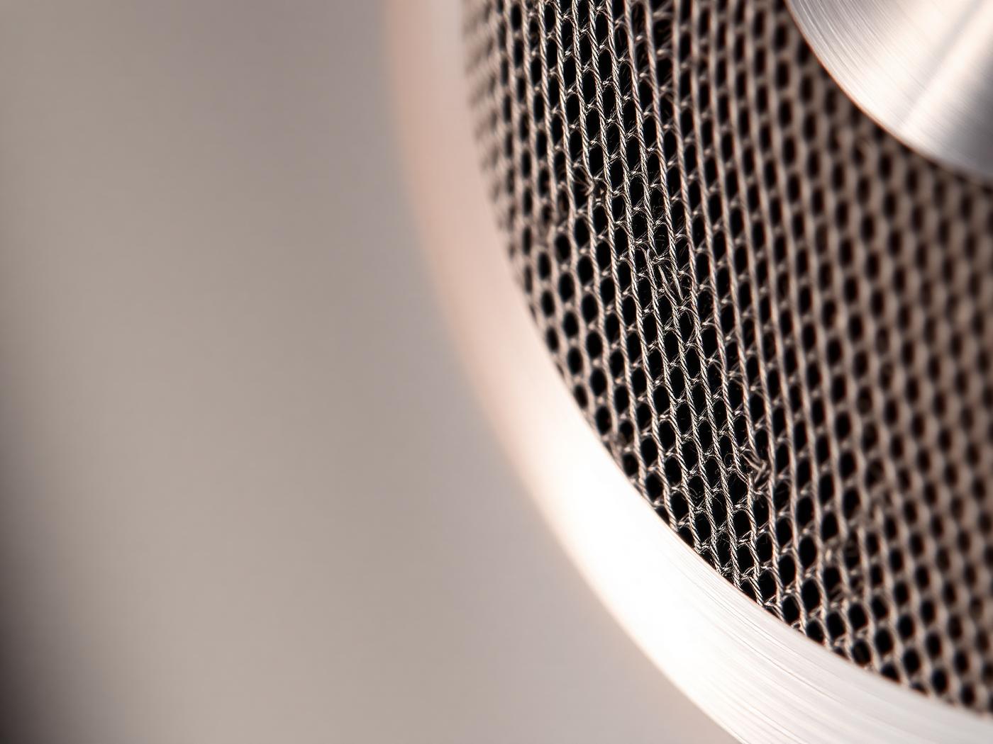 Close detail of the AKOUE home speaker's acoustic grille fabric meeting a pearl-silver aluminium edge.