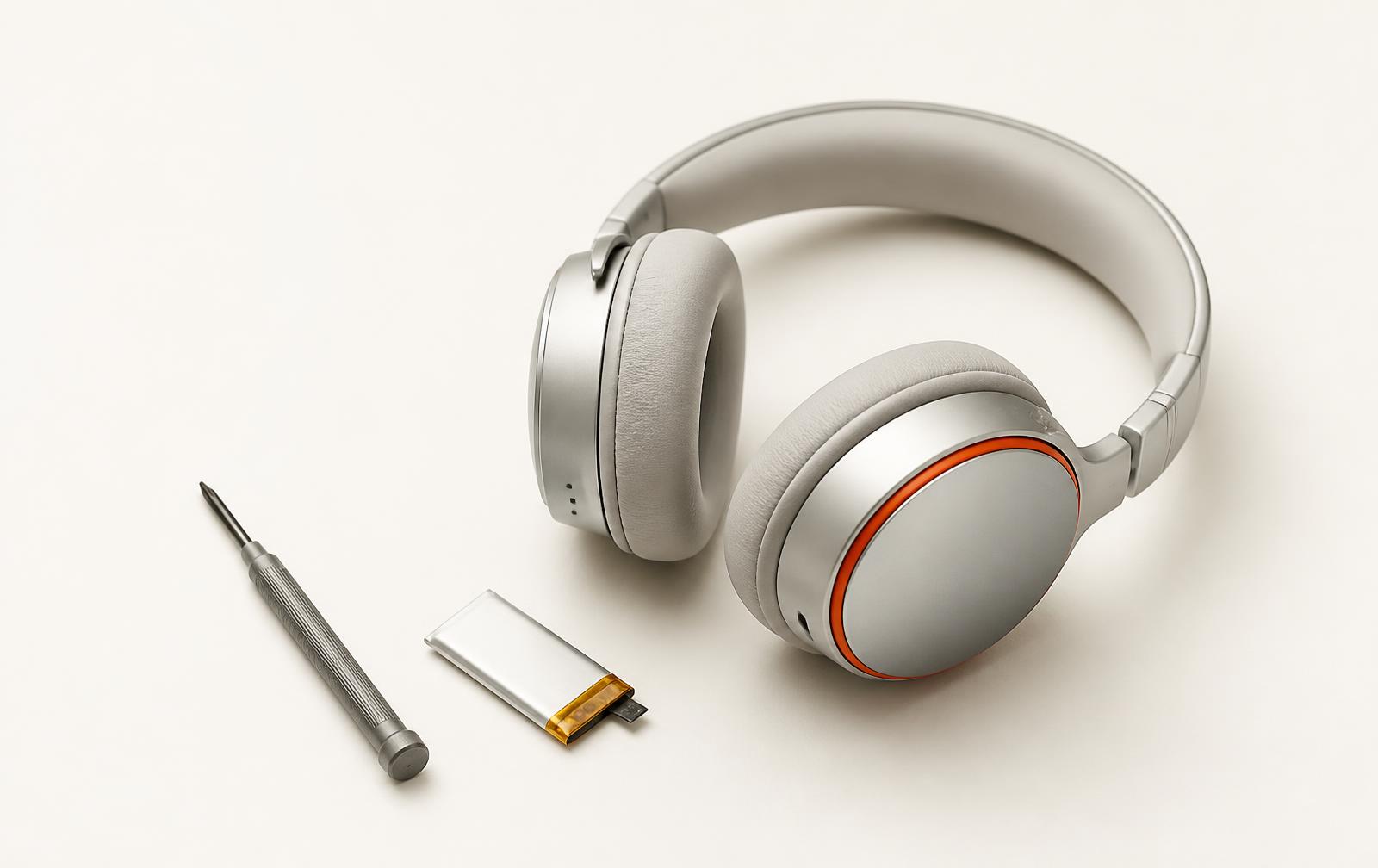 Still life of a small replaceable battery cell beside an AKOUE earbud on a warm white surface.