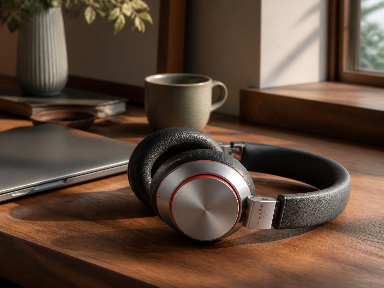 AKOUE headphones resting on a desk beside a notebook in soft daylight.