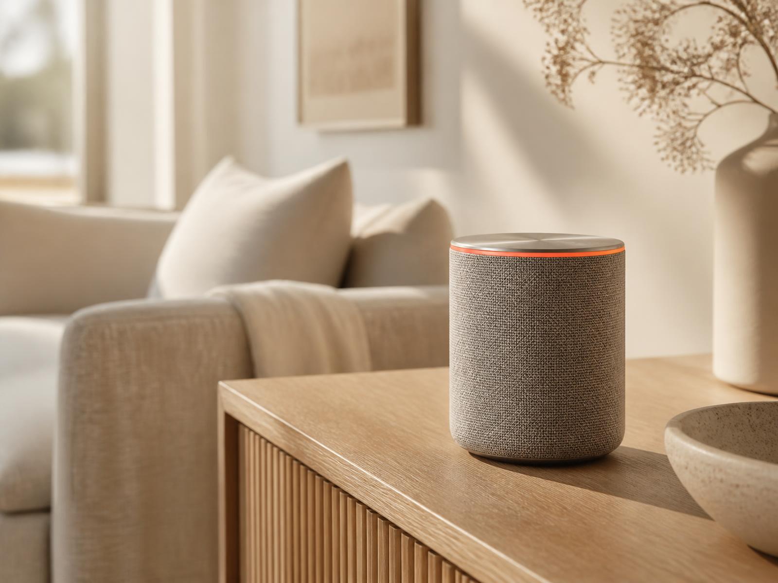 AKOUE home speaker on a low shelf in a calm, warm interior.