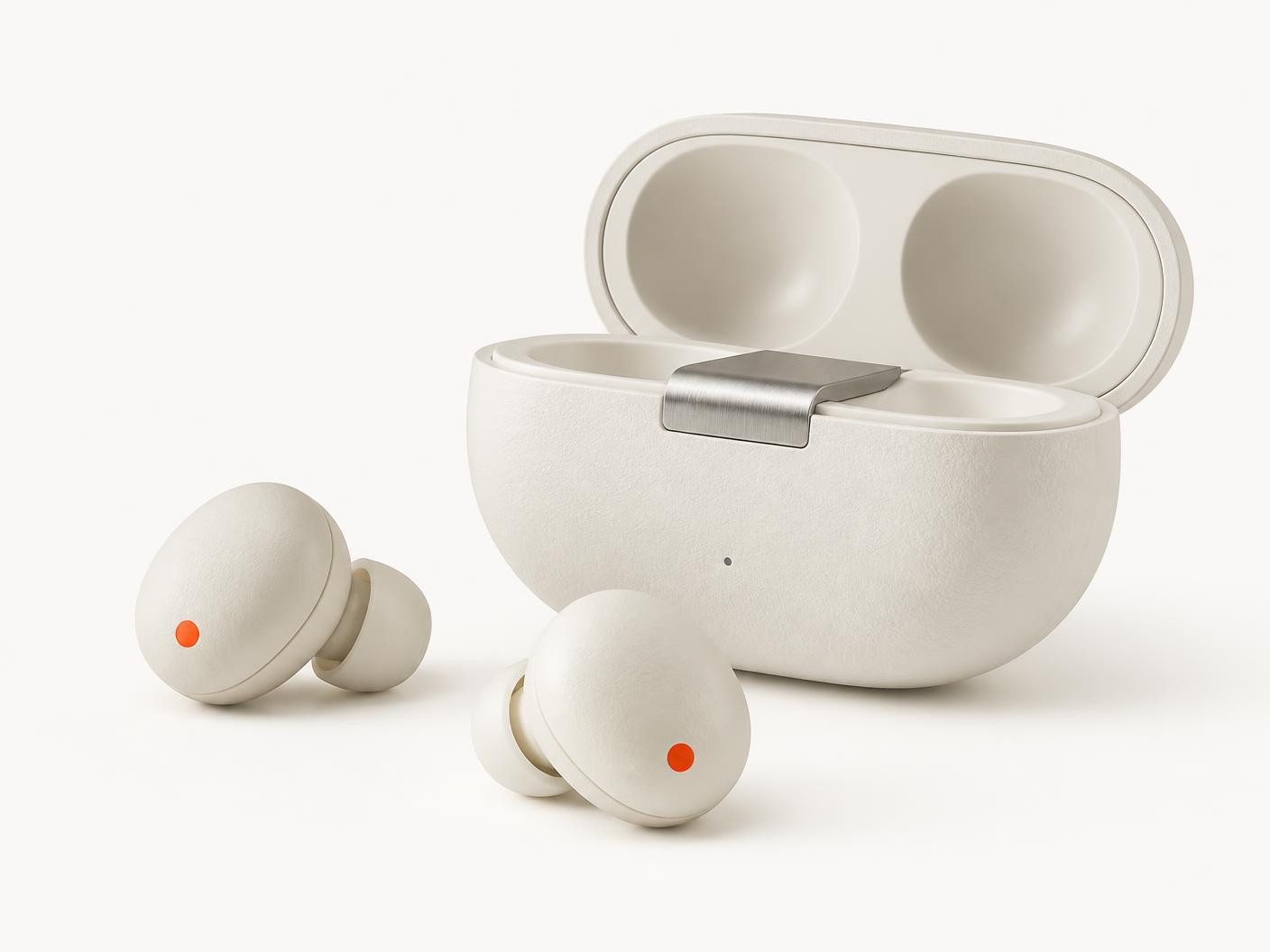 AKOUE true-wireless earbuds resting beside their pearl-silver charging case, an AKOUE Orange accent line on the case lid.