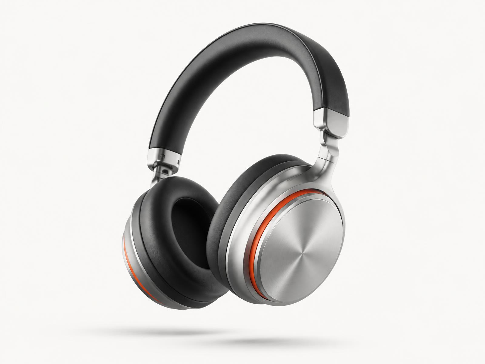 AKOUE flagship over-ear headphones in pearl-silver aluminium with a single AKOUE Orange accent detail on a warm white studio background.